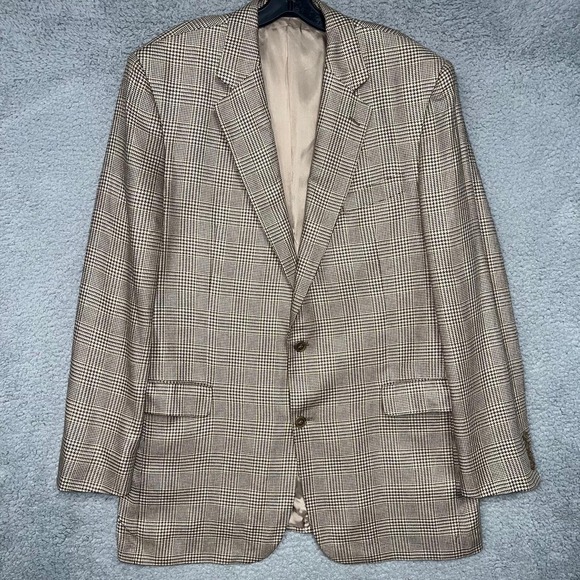 VTG Brooks Brothers Madison 100% Silk Blazer 44XL Brown Houndstooth Made Canada